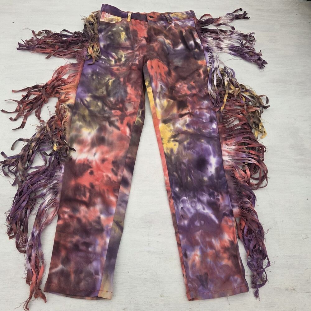 Daisey Tiedye Fringed Cotton Denim Jeans Size M Rodeo Festival Cowgirl Tassles